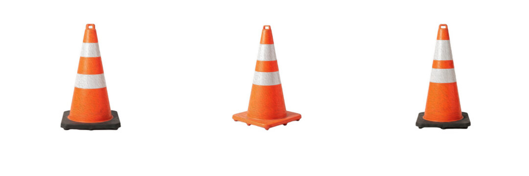 Orange and white traffic safety cones with reflective bands isolated on white background, construction and road hazard PNG graphic element for safety design projects