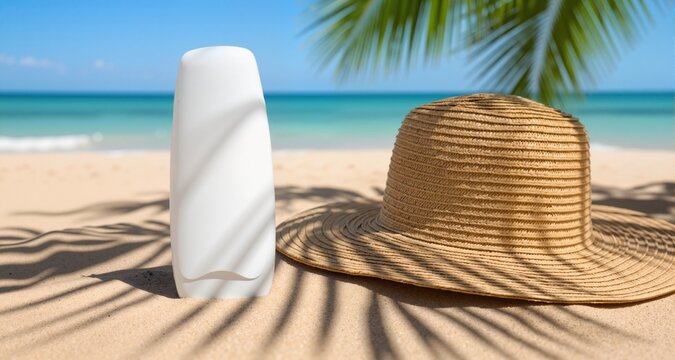 White sunscreen bottle and straw hat with palm shadows on a beach for a sunburn prevention and skin health concept during a tropical summer vacation

