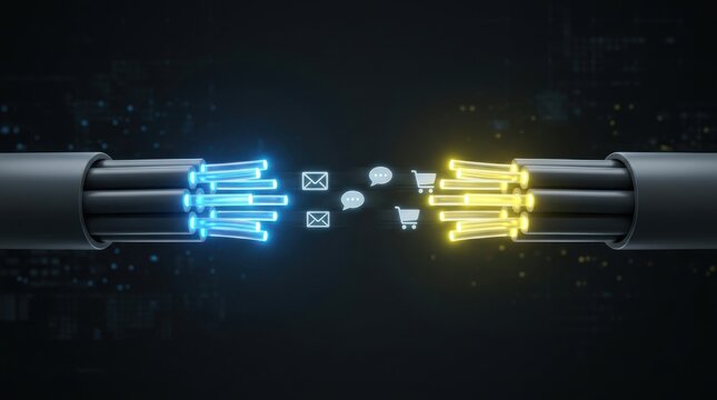Fiber optic cables with data streams and communication icons a 3d rendering with a dark background bandwidth binary code blue