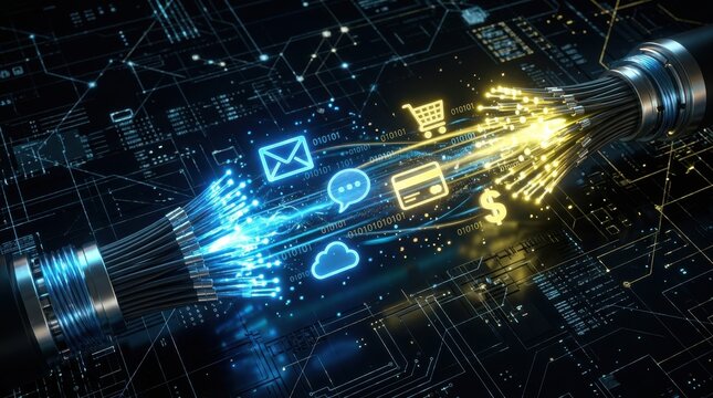 Fiber optic cable with data stream icons illuminated in blue and yellow against a circuit board background bandwidth binary code