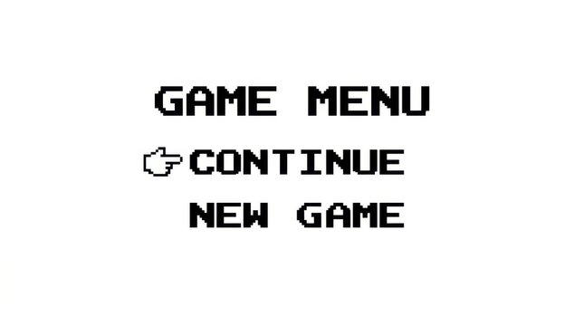 Pixelated game menu with continue and new game options displayed against a white background digital interface 8-bit bitmap blocky computer