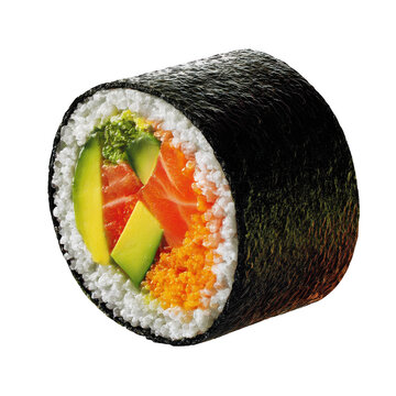 Delicious sushi roll with avocado and salmon isolated on transparent background