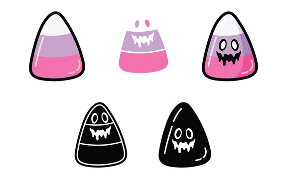Spooky candy corn characters set with faces and silhouettes for halloween decorations stickers and creative festive crafting design projects.