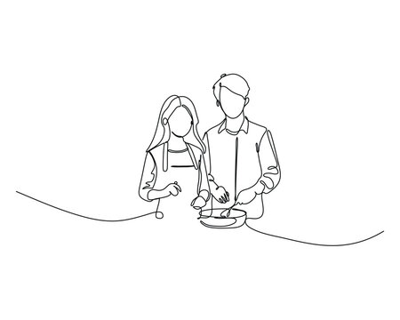 Cooking Couple Continuous Line Art Preparing a Meal Together in a Minimalist Home Setting