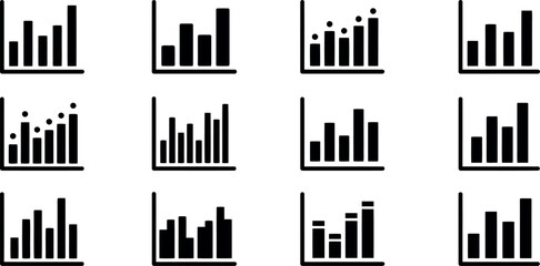 Obraz premium Set of twelve simple black bar chart icons representing business data analysis and financial growth statistics