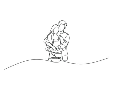 Couple Preparing a Meal Together in an Intimate Continuous Line Art Illustration Depicting Domestic Bliss and Partnership