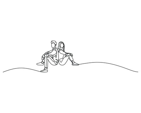 Couple Sitting Back to back in Minimalist Continuous Line Art Symbolizing Connection Trust and Modern Partnership