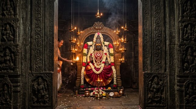 Sacred Hindu Deity Idol with Flower Garlands and Oil Lamps inside an Ancient Carved Temple