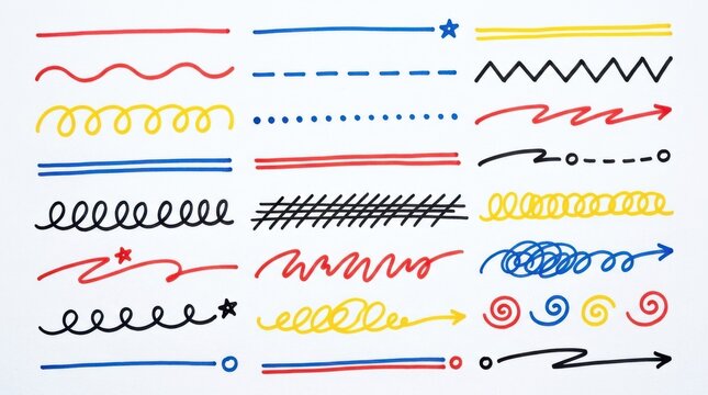 Collection of colorful hand drawn lines and scribbles on a white background featuring various shapes and patterns doodles hand-drawn vector illustration sketch