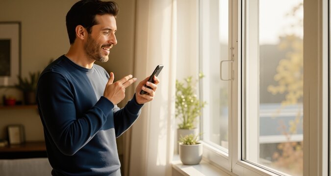 Man speaks into smartphone while standing by window at home. Concept of voice messaging and mobile communication.
