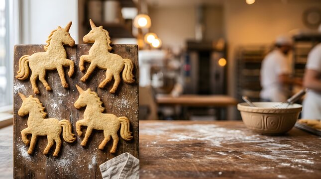 Freshly baked unicorn shaped cookies on a wooden board in a bakery