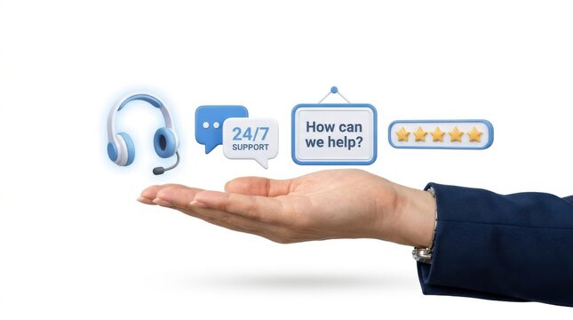 Headset chat bubble support sign and star rating icons floating above a hand on a white background assistance communication customer care feedback