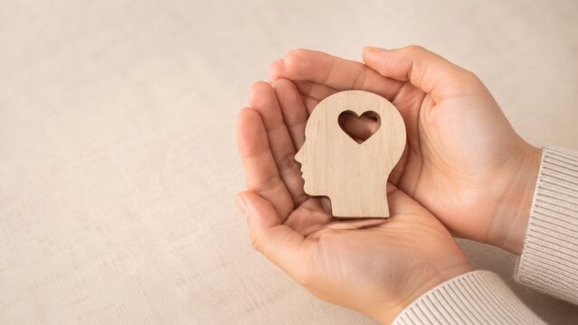 hands holding a wooden human head silhouette with a heart-shaped cutout on a beige background