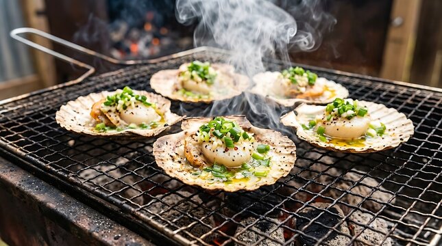Fresh scallops being grilled on a charcoal barbecue with rising smoke and herbs for a delicious outdoor seafood dinner preparation scene