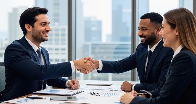 Happy financial advisor handshaking with client after successful meeting in office.
