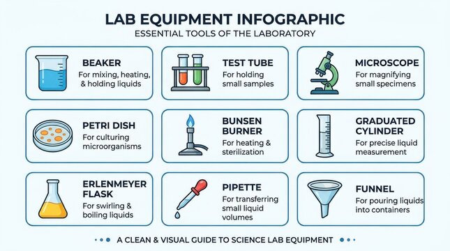 Laboratory equipment infographic featuring beakers test tubes microscopes and other scientific glassware on a light blue background beaker tube microscope petri dish