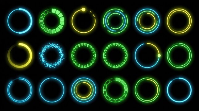Circular glowing rings with segmented arcs a collection of neon style vector graphics on black shape ring glow outline circle arc graphic