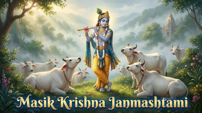 Krishna with cows in a scenic forest landscape a detailed digital painting with vibrant colors cow cattle hinduism indian mythology deity god
