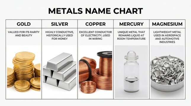 Collection of metallic elements including gold coins silver bars copper coil mercury and magnesium shavings on white background metal metals element precious