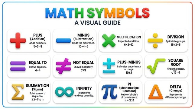 Collection of mathematical symbols as a vector illustration with bright colors and explanatory text on a light blue background addition symbol subtraction