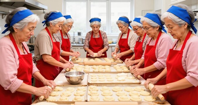 A group of diverse elderly women wearing red aprons and blue headbands work together to prepare handmade pastries in a bright kitchen
