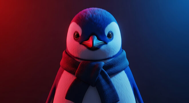 Cute penguin wearing a winter scarf with red and blue light