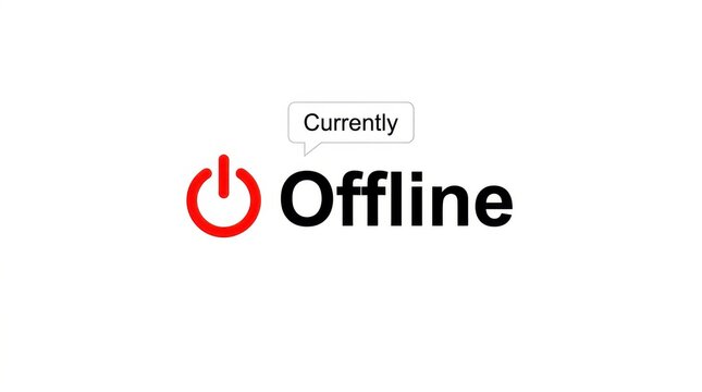 Power button icon and offline text on a white background representing a disconnected state or network issue application availability broken communication computer