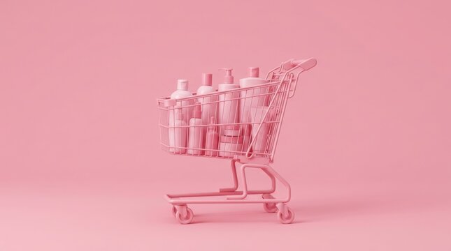 Pink shopping cart filled with cosmetic bottles against a monochromatic pink background a 3d rendered composition retail consumerism commerce groceries market store