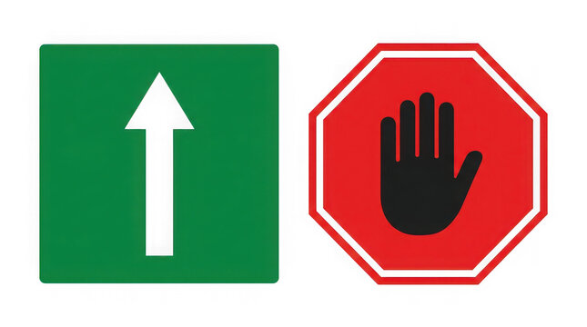 Green forward directional arrow sign and red stop palm hand symbol.