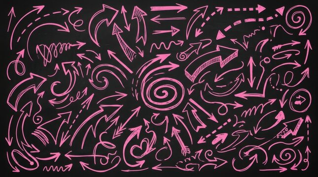Pink chalk style arrow and swirl pattern on a black background showcasing directional indicators and looping designs arrows arrowhead pointing swirls loops