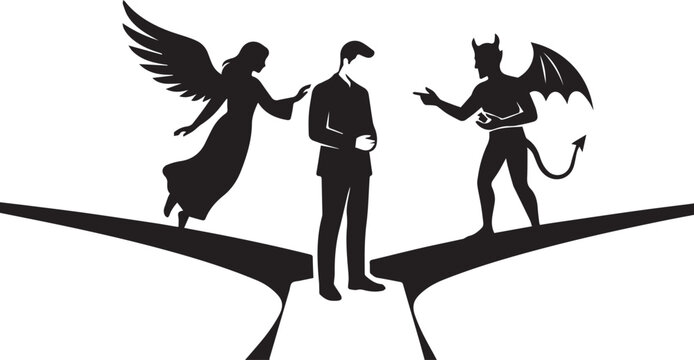 Business professional choosing between good and evil paths. Ethical decision-making concept with angel and devil advisors on shoulders.