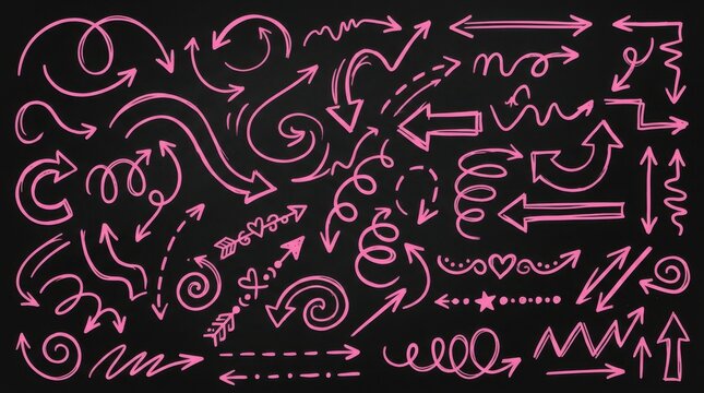 Pink arrow and swirl doodle collection hand drawn vector illustration arrows swirls doodles hand-drawn lines curved directional pointing scribbles sketchy ornament decoration graphic