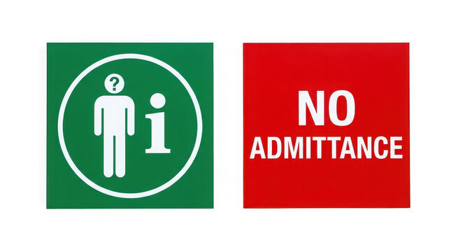 Green information sign with human figure and letter i next to red no admittance warning board for security and access control.