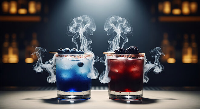 Two colorful cocktails with smoke on a bar counter