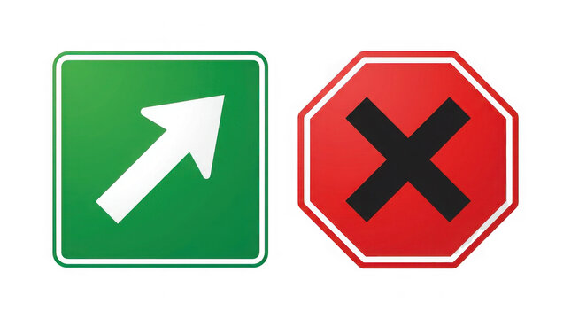 Green square sign with white diagonal arrow and red octagon sign with black cross mark for traffic control or directional guidance.