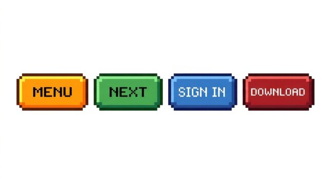 Pixelated button icons with text on a white background pixel art 8-bit retro vintage gaming digital interface user elements rectangular buttons square menu