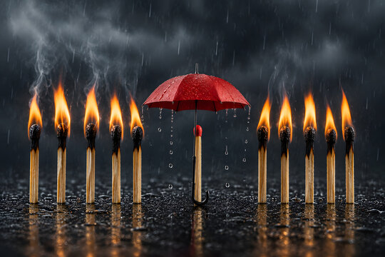 Single Match Protected by Red Umbrella in Rain, Resilience and Risk Management Concept