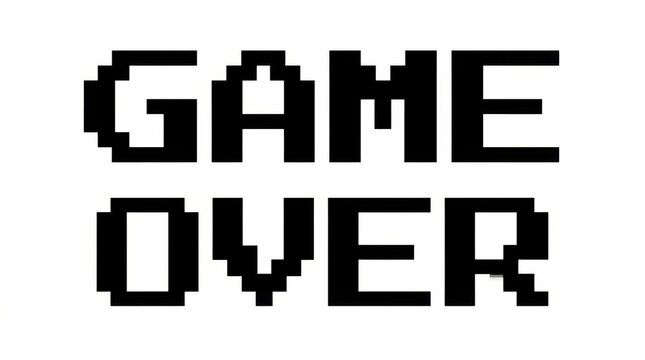 Pixelated game over text on a white background digital typography style 8-bit bitmap blocky character computer console display electronic font game-over gaming graphic