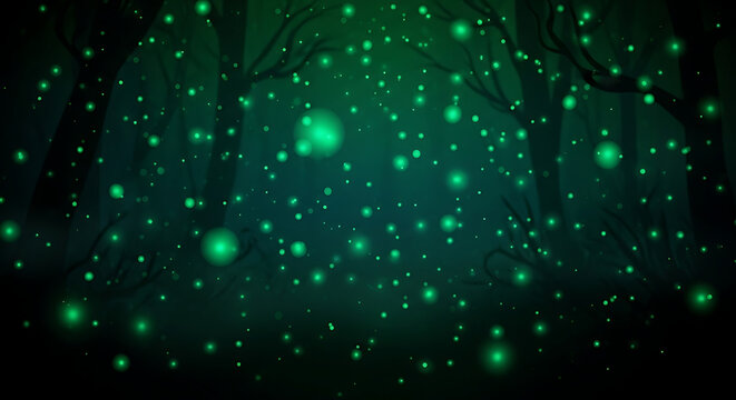 Glowing fireflies in a dark forest at night
