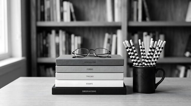 Minimalist monochrome study books with eyeglasses and striped pencils modern aesthetic concept