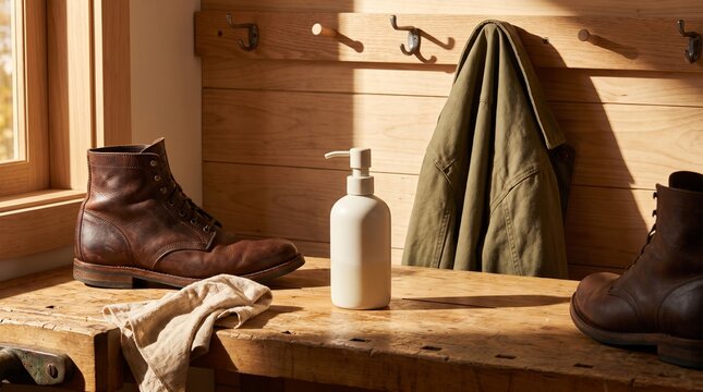 PFAS Free Waterproofing Still Life With Boots Jacket Workshop Corner