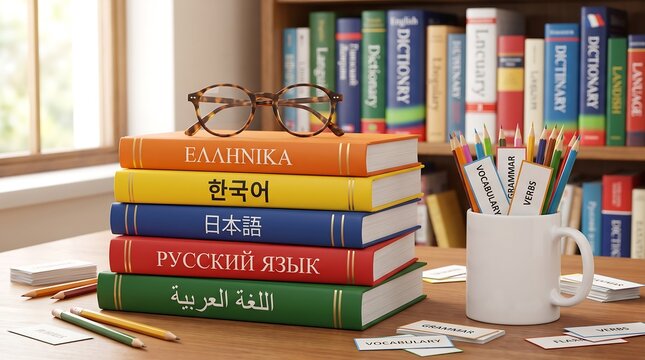 Language learning desk with dictionaries eyeglasses flashcards and colorful pencils study concept
