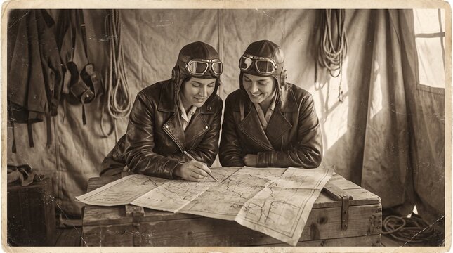 Sepia documentary photo of female pilots studying flight map together