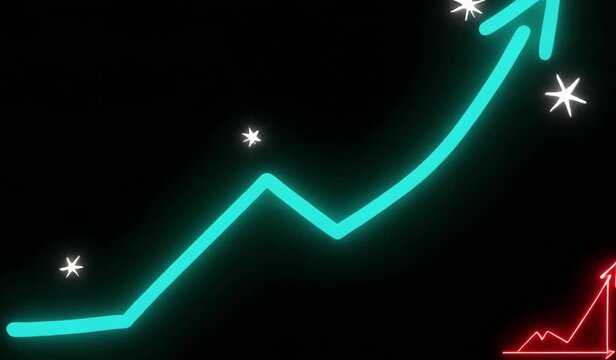 Growing blue line graph with upward trend and bright sparkles against dark background
