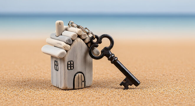 Small wooden house model with an old key on sandy beach