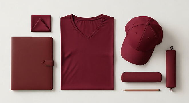 Maroon t-shirt cap and notebook stationery branding mockup