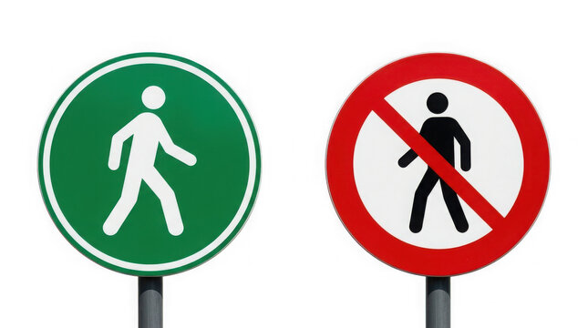 Road signs for pedestrian path and no pedestrian entry isolated on transparent background.