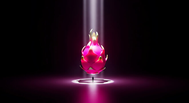 Bright neon dragon fruit glowing under a purple spotlight