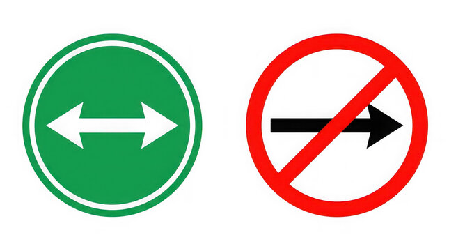 Two way directional arrow circle and no right turn prohibition sign.