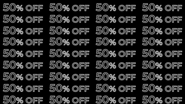 Glowing white outline 50% off discount text pattern seamless loop animation moving from top to bottom on black background. 4K animated for discount background, promo ads, and marketing campaign.